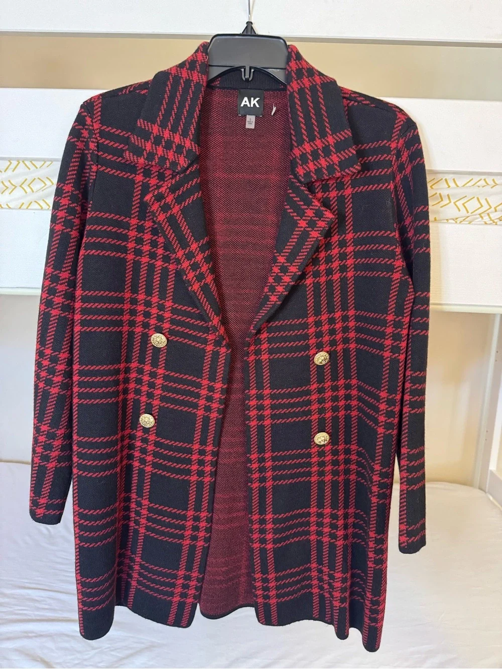 Anne Klein Red Black Plaid Double Breasted Knit Blazer Cardigan Size S